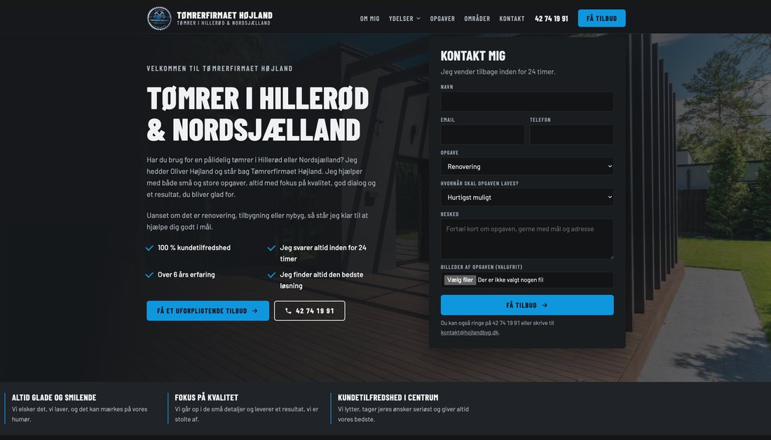 Forsiden på Tømrerfirmaet Højland med kontaktformular