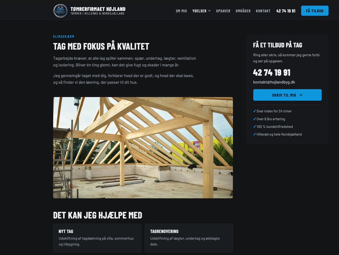 Ydelsessiden om tag på Tømrerfirmaet Højland